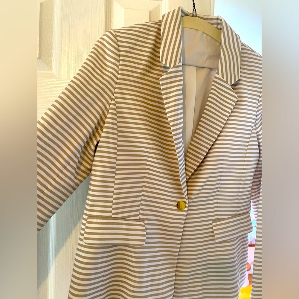 Calvin Klein tan and white striped size 12 blazer with gold buttons